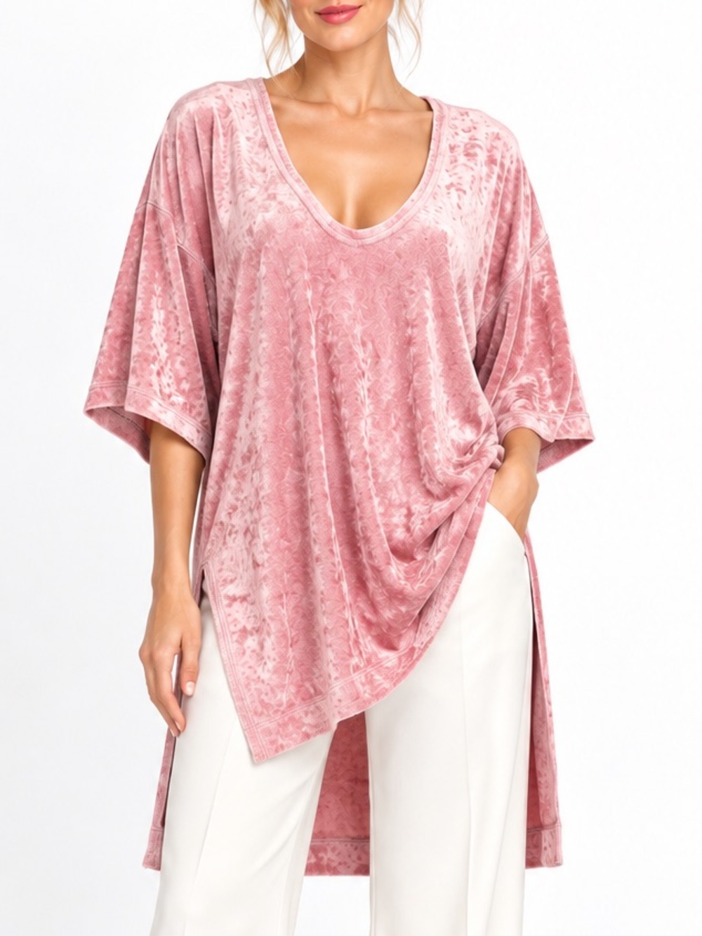FP We The Free The Luxe Extended Tee Passion Flower Pink Velvet Tunic Size XS